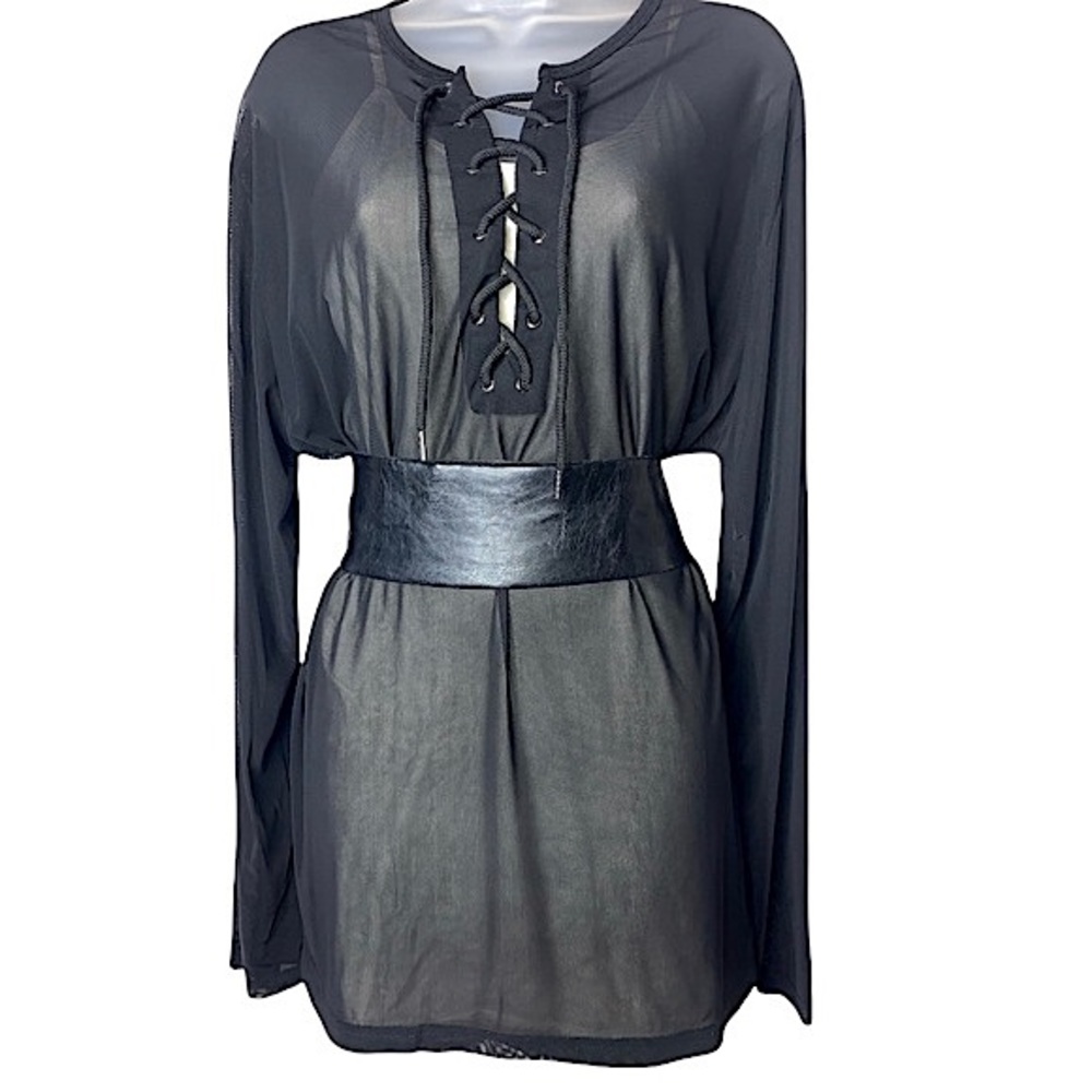 Coofandy Sheer Mesh Long Sleeve Lace Up Plunge Neck Top Black Punk Whimsigoth
